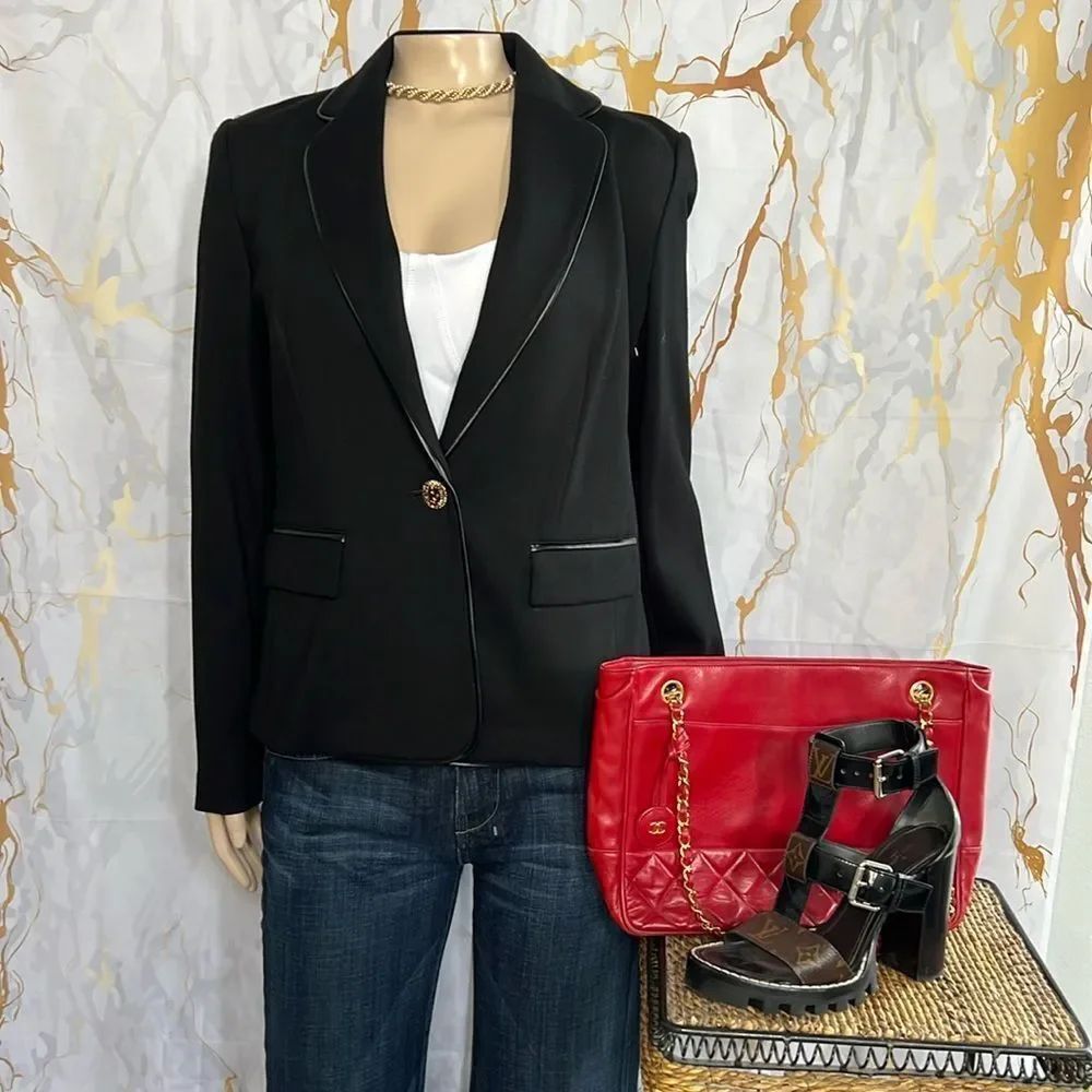 * Ann Klein black blazer with slim leather trim and center gold button